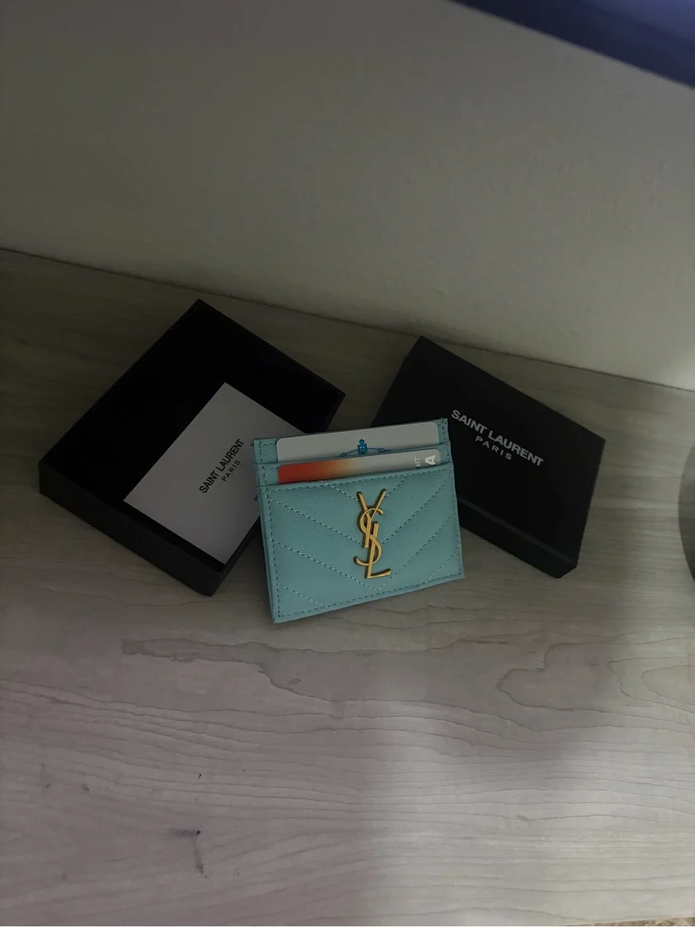 Saint Laurent Baby Blue Quilted Leather Card Holder with Gold YSL